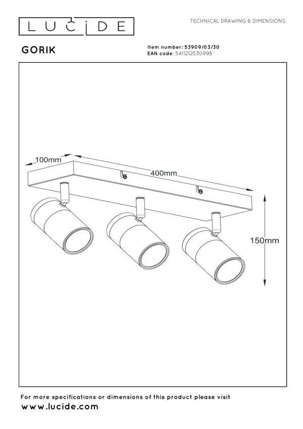 Lucide GORIK - Ceiling spotlight - 3xGU10 - Black - technical